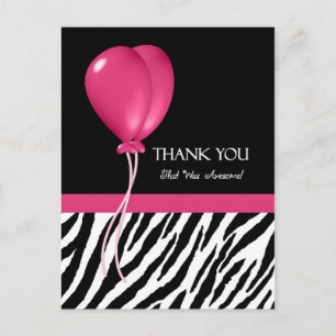 Thank You With Zebra Print and Pink Party Balloons Postcard