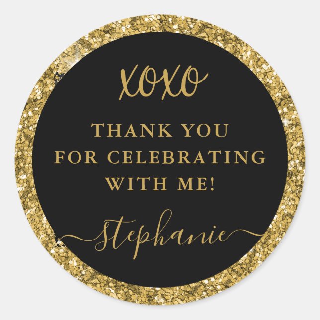 Thank You xoxo Gold Glitter Birthday Party Classic Round Sticker (Front)