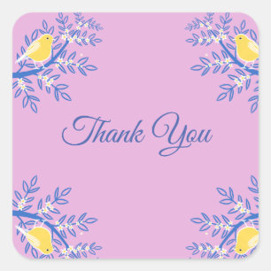 Thank You Yellow Bird Pink, Blue Square Sticker