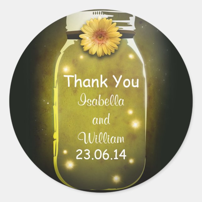 thank you yellow rustic whimsical mason jar classic round sticker (Front)
