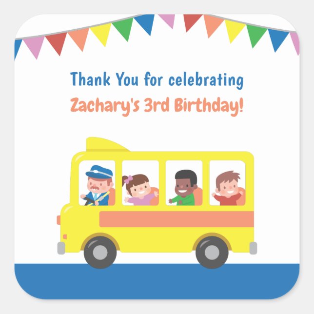 Thank You Yellow School Bus Birthday Party Square Sticker (Front)