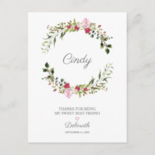 Thank Your Bestfriends Floral Wreath in Red & Pink Postcard