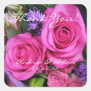 Thank Your Wedding Guests, Pink Roses Bouquet Square Sticker