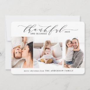 thankful and blessed 3 photo elegant family holiday card