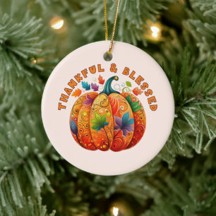 Thankful and Blessed Autumn Pumpkin Ceramic Ornament