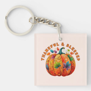 Thankful and Blessed Autumn Pumpkin Key Ring