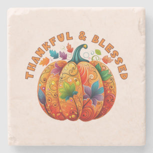 Thankful and Blessed Autumn Pumpkin Stone Coaster