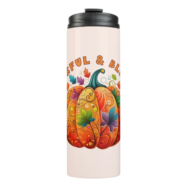 Thankful and Blessed Autumn Pumpkin Thermal Tumbler (Front)