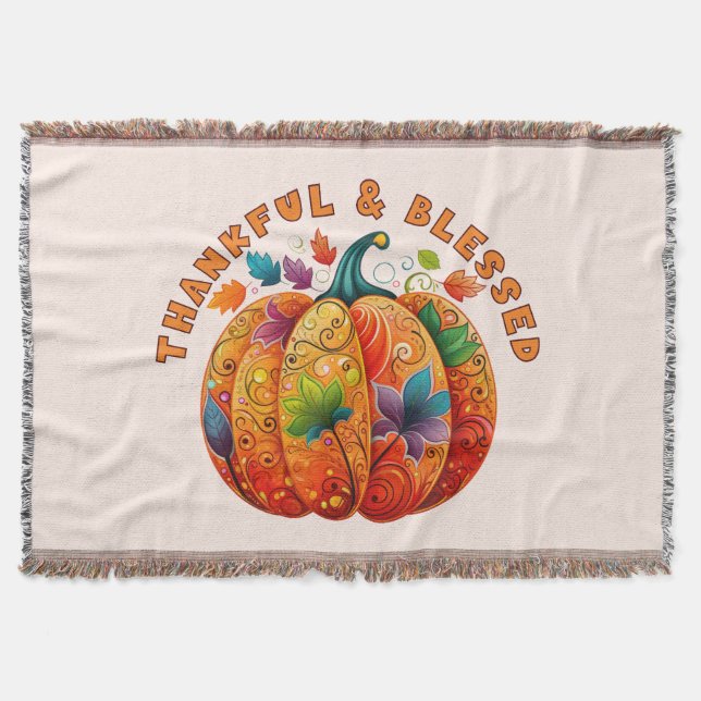 Thankful and Blessed Autumn Pumpkin Throw Blanket (Front)