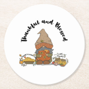 Thankful and Blessed Gnome Round Paper Coaster