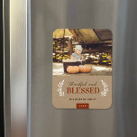 Thankful and Blessed Thanksgiving Photo Magnet<br><div class="desc">Custom printed holiday photo magnets with a simple template for customisation. This modern rustic design has a mix of typography in warm autumn neutrals on a faux kraft paper background. The wording says "Thankful and Blessed". Personalise it with your photos and add your family name and the year.</div>