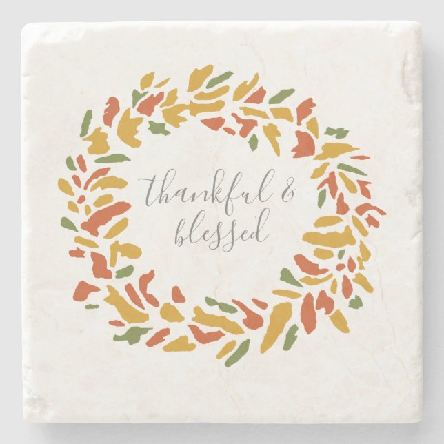 Thankful and Blessed Wreath Autumn Painting Stone Coaster (Front)