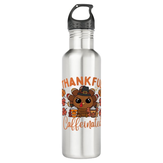 Thankful And Caffeinated Funny Thanksgiving Coffee 710 Ml Water Bottle (Front)