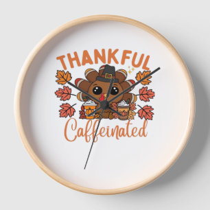 Thankful And Caffeinated Funny Thanksgiving Coffee Clock