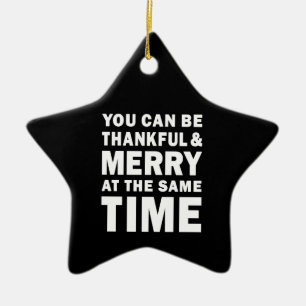 Thankful and Merry Modern Christmas Black Star Ceramic Ornament