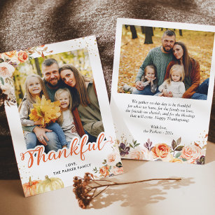 Thankful Autumn Gold Floral 2 Photos Thanksgiving Holiday Card
