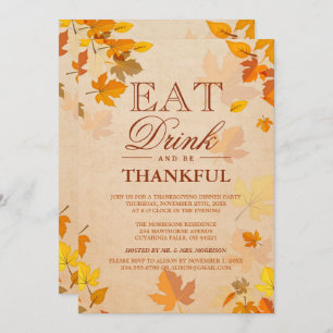 Thankful Autumn Leaves Thanksgiving Dinner Party Invitation