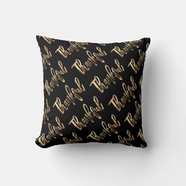 Thankful Black and Gold Script Thanksgiving Cushion (Front)