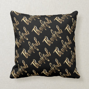 Thankful Black and Gold Script Thanksgiving Cushion