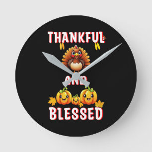 Thankful Blessed 23 US Maple November Thanksgiving Round Clock