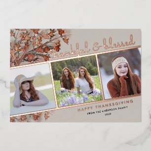 Thankful & Blessed 3 Photos Thanksgiving Rose Gold Foil Holiday Card