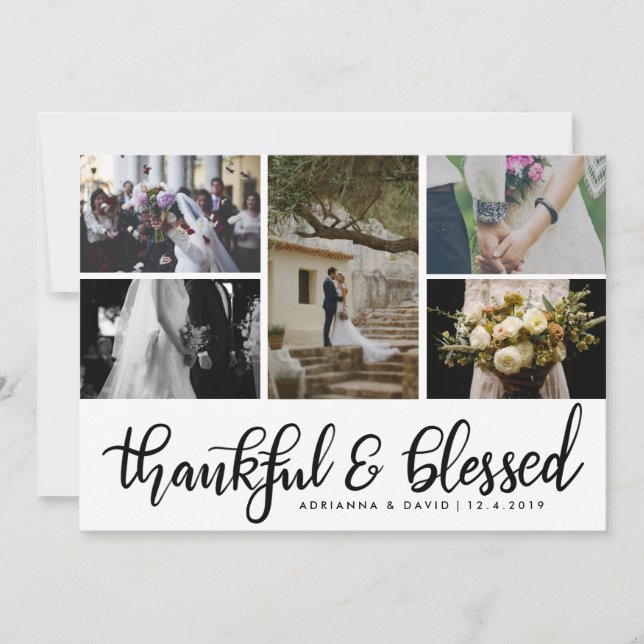 Thankful & Blessed Five Couple Photo Wedding Thank You Card (Front)