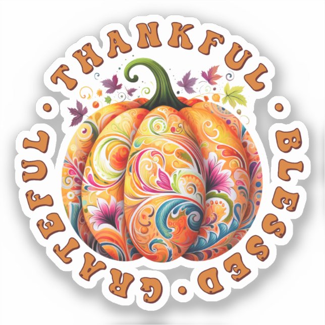 Thankful, Blessed, Grateful Floral Pumpkin (Front)