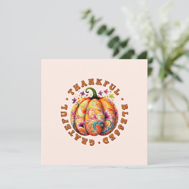 Thankful, Blessed, Grateful Floral Pumpkin (Standing Front)