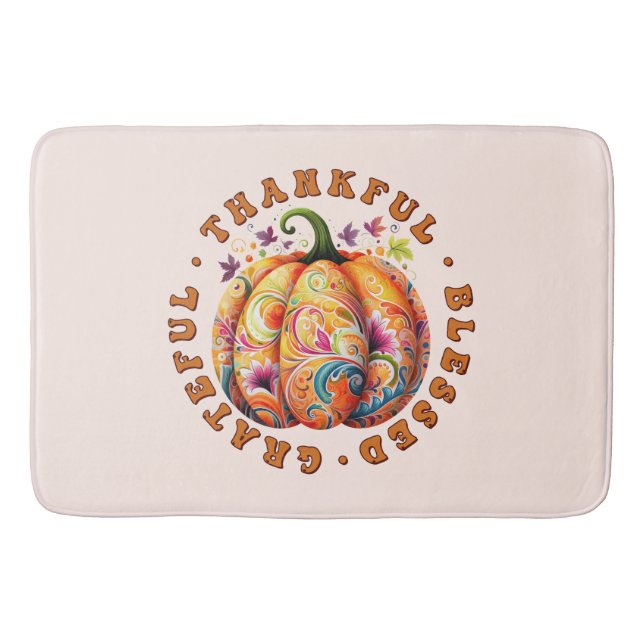 Thankful, Blessed, Grateful Floral Pumpkin Bath Mat (Front)