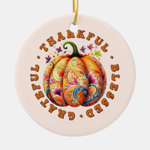 Thankful, Blessed, Grateful Floral Pumpkin Ceramic Ornament