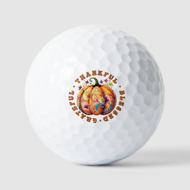 Thankful, Blessed, Grateful Floral Pumpkin Golf Balls (Front)