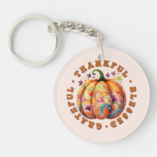 Thankful, Blessed, Grateful Floral Pumpkin Key Ring