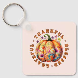 Thankful, Blessed, Grateful Floral Pumpkin Key Ring