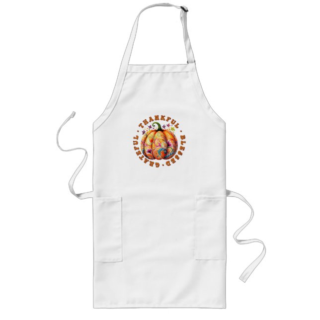Thankful, Blessed, Grateful Floral Pumpkin Long Apron (Front)