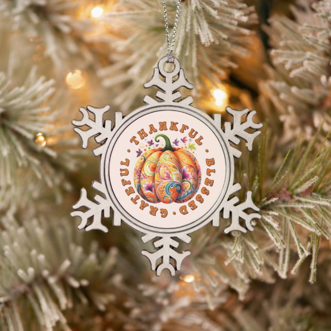 Thankful, Blessed, Grateful Floral Pumpkin Snowflake Pewter Christmas Ornament (Tree)