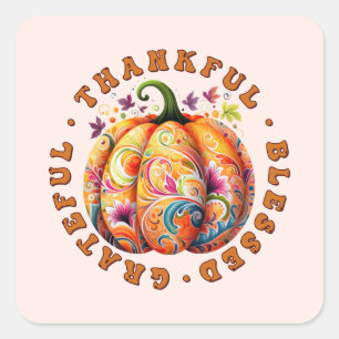 Thankful, Blessed, Grateful Floral Pumpkin Square Sticker