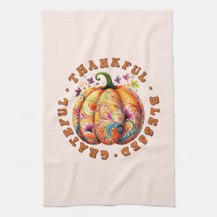 Thankful, Blessed, Grateful Floral Pumpkin Tea Towel