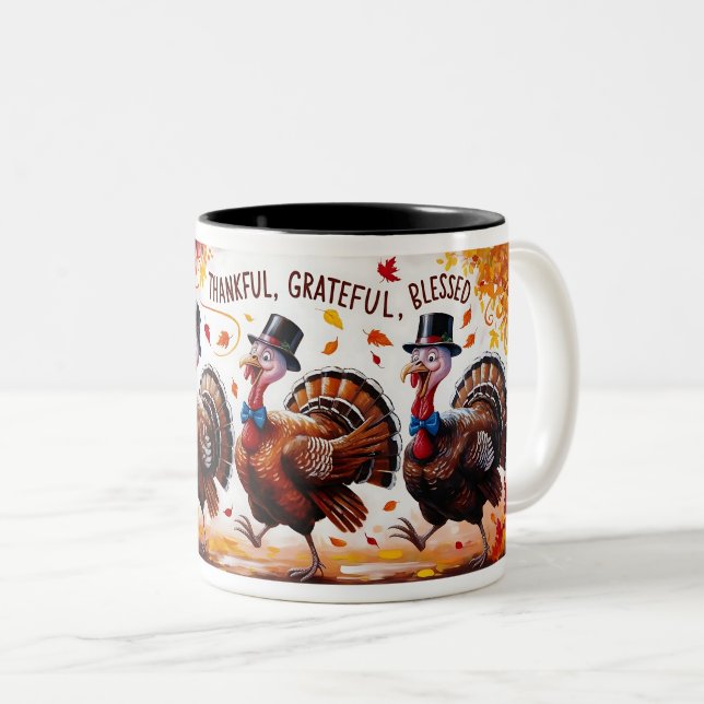 Thankful Blessed Grateful Happy Thanksgiving Two-Tone Coffee Mug (Front Right)