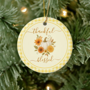 Thankful & Blessed Pumpkin Fall Thanksgiving Ceramic Ornament