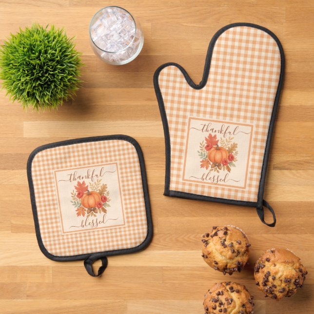 Thankful & Blessed Pumpkin | Fall Thanksgiving  Oven Mitt & Pot Holder Set (Top Down)