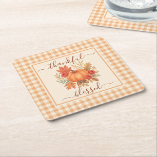 Thankful & Blessed Pumpkin   Fall Thanksgiving  Square Paper Coaster