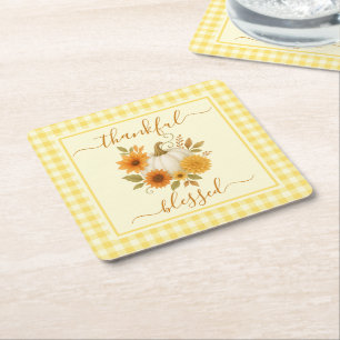 Thankful & Blessed Pumpkin   Fall Thanksgiving  Square Paper Coaster