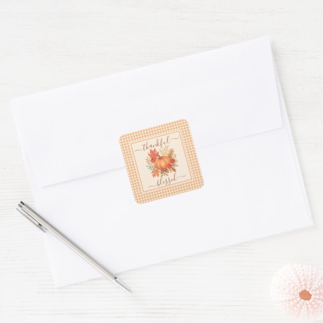 Thankful & Blessed Pumpkin | Fall Thanksgiving  Square Sticker (Envelope)