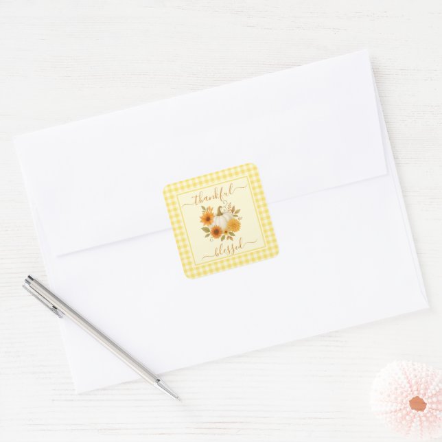 Thankful & Blessed Pumpkin | Fall Thanksgiving  Square Sticker (Envelope)