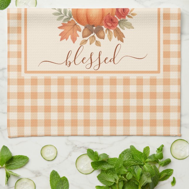 Thankful & Blessed Pumpkin | Fall Thanksgiving  Tea Towel (Folded)