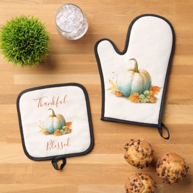Thankful & Blessed Pumpkin Oven Mitt & Pot Holders Holder Set (Top Down)