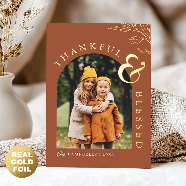 Thankful & Blessed Thanksgiving Rustic Leaf Gold Foil Holiday Card (Creator Uploaded)