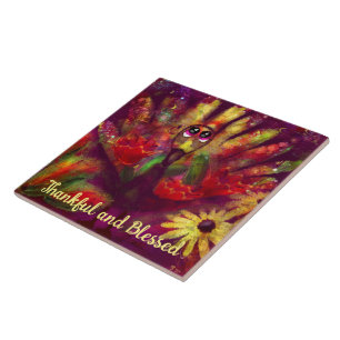 Thankful Blessed Thanksgiving Turkey Floral Red Ceramic Tile