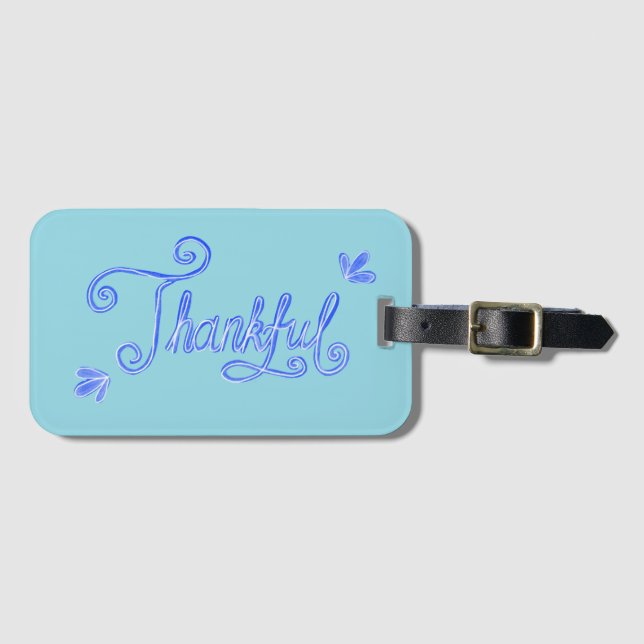 Thankful blue hand lettering luggage tag (Front Horizontal)