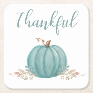 "Thankful" Blue Pumpkin Square Paper Coaster
